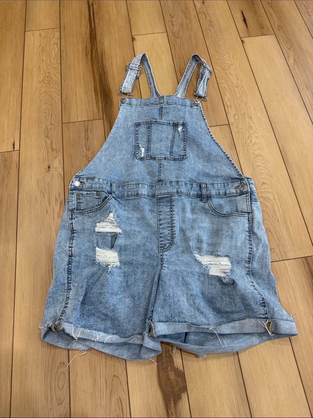 Maurices Distressed Light Blue Denim Short Overalls